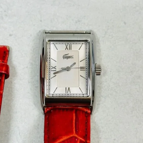 Lacoste Watch Womens 24mm Silver Tone Red Leather Strap New Battery FLAWED READ - Picture 2 of 11